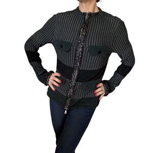 Y2K Tricot Chic Cardigan Knit Sweater Jacket Full Zip Cashmere Blend Green 2